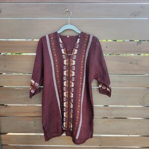 Vintage Guatamalan Redish Tunic with 3/4 Sleeves Bohemian Unisex Embroidered S/M